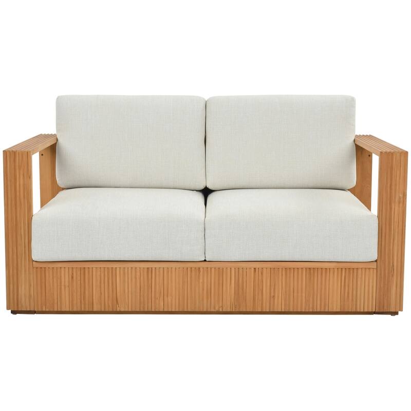SAFAVIEH Couture Saint Lucia Reeded Teak Wood Patio Loveseat