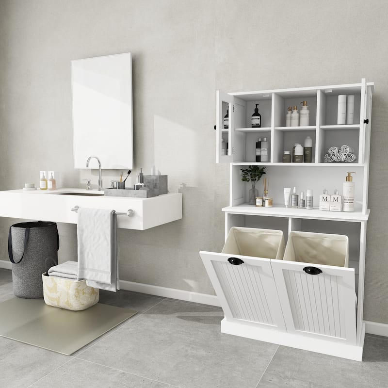 White 60 in. H Storage Cabinet, Two-Compartment Tilt-Out Dirty Laundry Basket Tall Bathroom Cabinet with 2 Adjustable Shelves