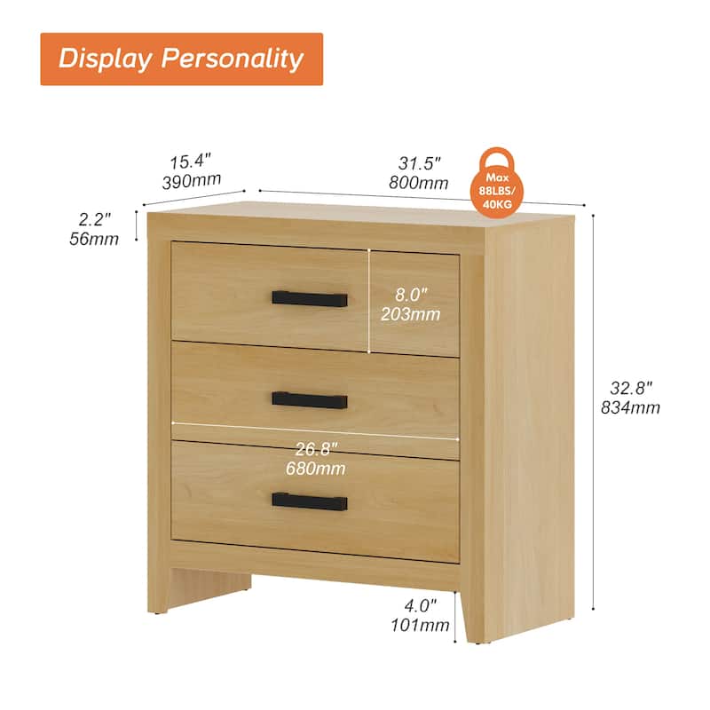 WAMPAT Farmhouse Nightstand with 3 Drawers, Large Wood Bedside Table