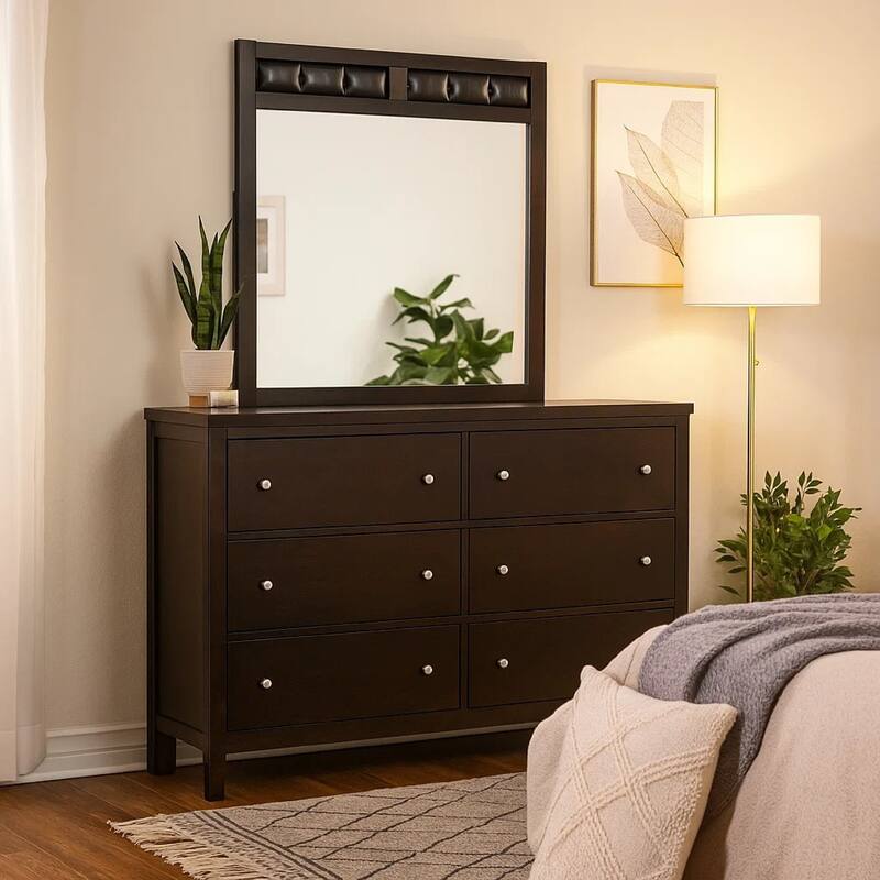 Con Wide Dresser with Wide Top Mirror, 6 Drawers, Brown Wood