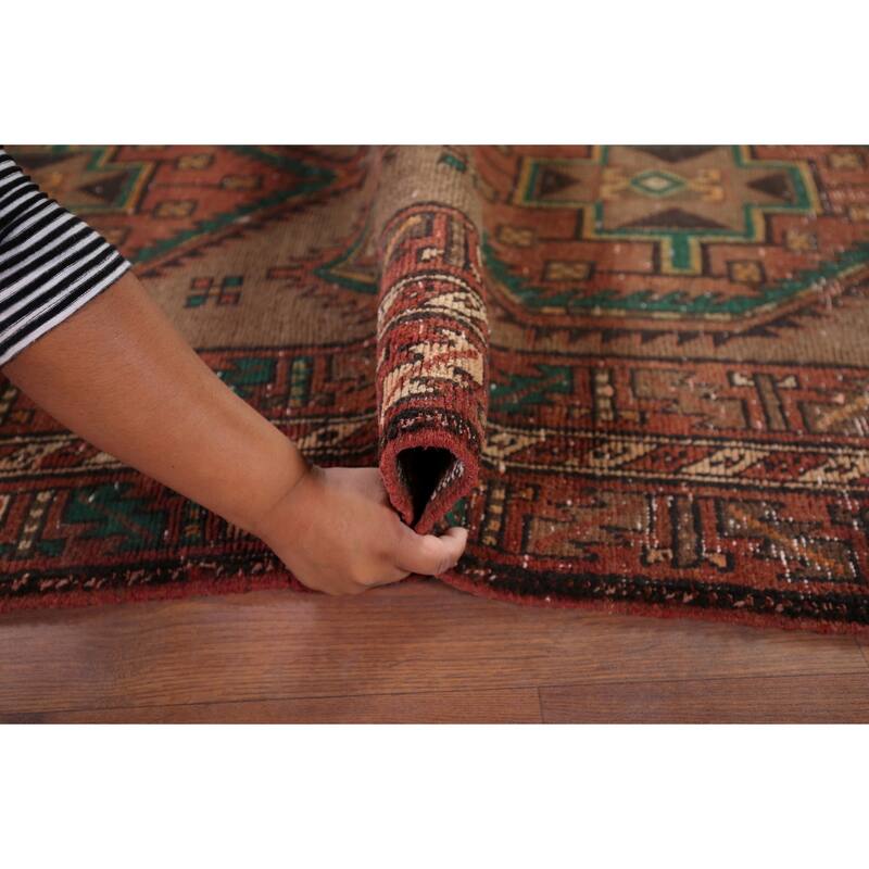 Brown Ardebil Persian Vintage Runner Rug Handmade Wool Carpet - 3'10" x 13'10"
