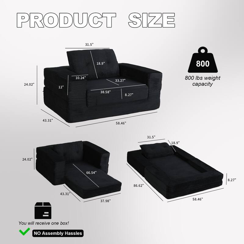 Compression Human Dog Sofa Bed, 3-in-1 Corduroy Floor Couch with Pillow, Folding Lounger for Adults & Pets