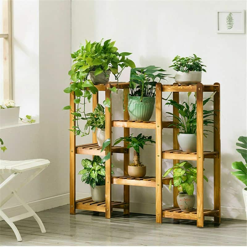 8 Tiered Pine Wood Plant Stands for Indoor Corner Flower Shelf