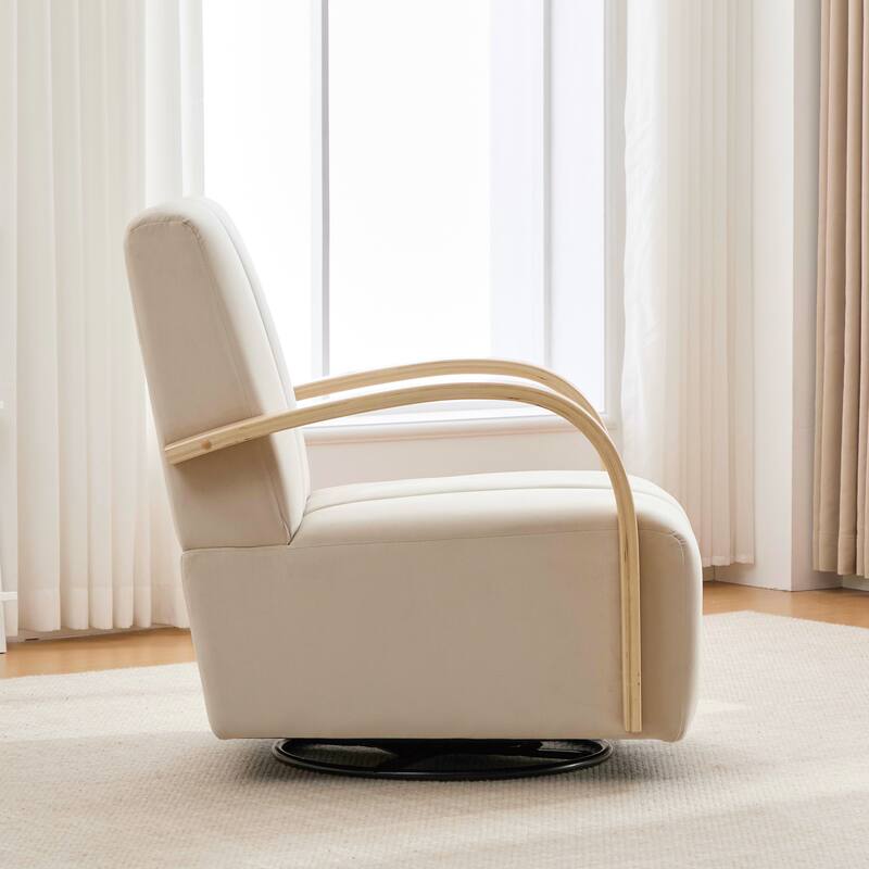 30.7"W Upholstered 360°Swivel Accent Chair with Solid Wood Armrests and Comfy Channel Tufted Lounge Reading Chair