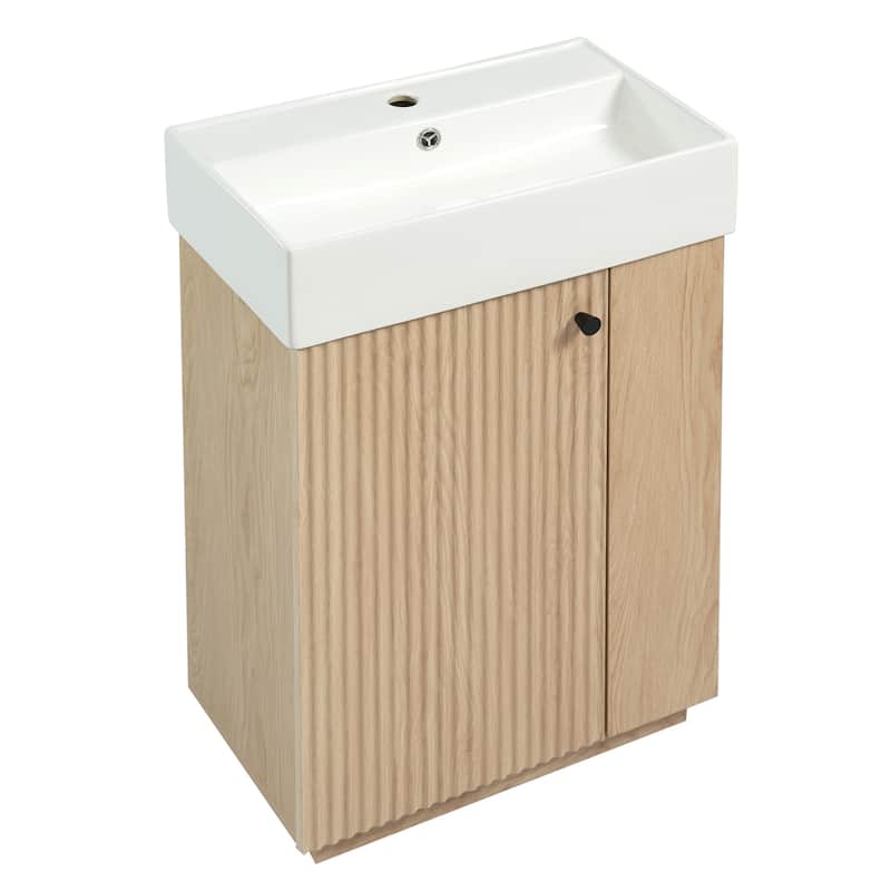 21.6 Inch Bathroom Vanity Ceramic Sink Freestanding Left Door Wood Grain Small Bathrooms
