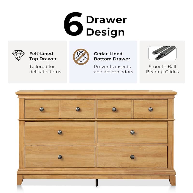 Furniture of America Wellington Farmhouse Natural Oak Wood 6-Drawer Dresser
