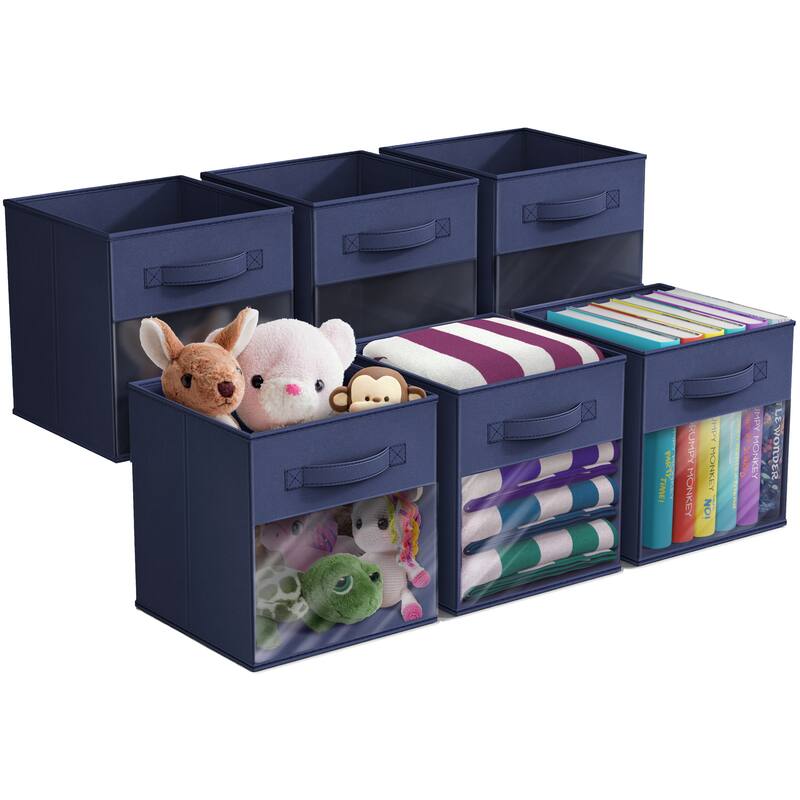 Sorbus 11" Storage Bin with Clear Window – 6-Pack Foldable Fabric Organizers - 10.5” L x 10.5” W x 11” H - Navy Blue