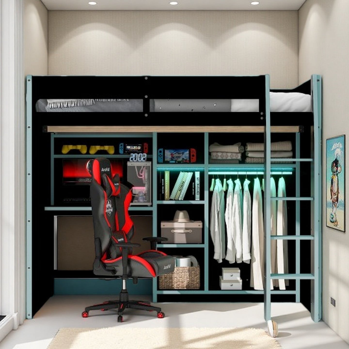Full-Size Gamer Loft Bed with Desk, Open Wardrobe, Storage Compartments, and RGB LED Lights