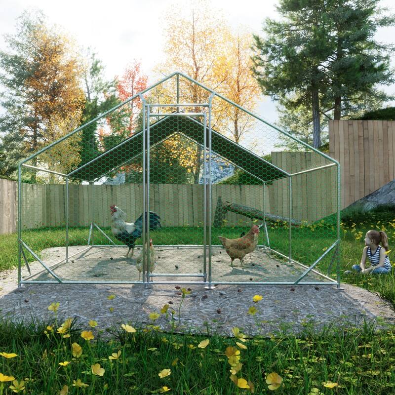 Large Metal Chicken Coop, Walk-in Chicken Run, Chicken Hen Pen Cage - Silver