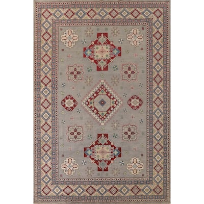 Gray Geometric Kazak Oriental Area Rug Handmade Wool Carpet - 9'11"x 13'3"