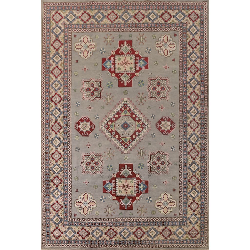 Gray Geometric Kazak Oriental Area Rug Handmade Wool Carpet - 9'11"x 13'3"