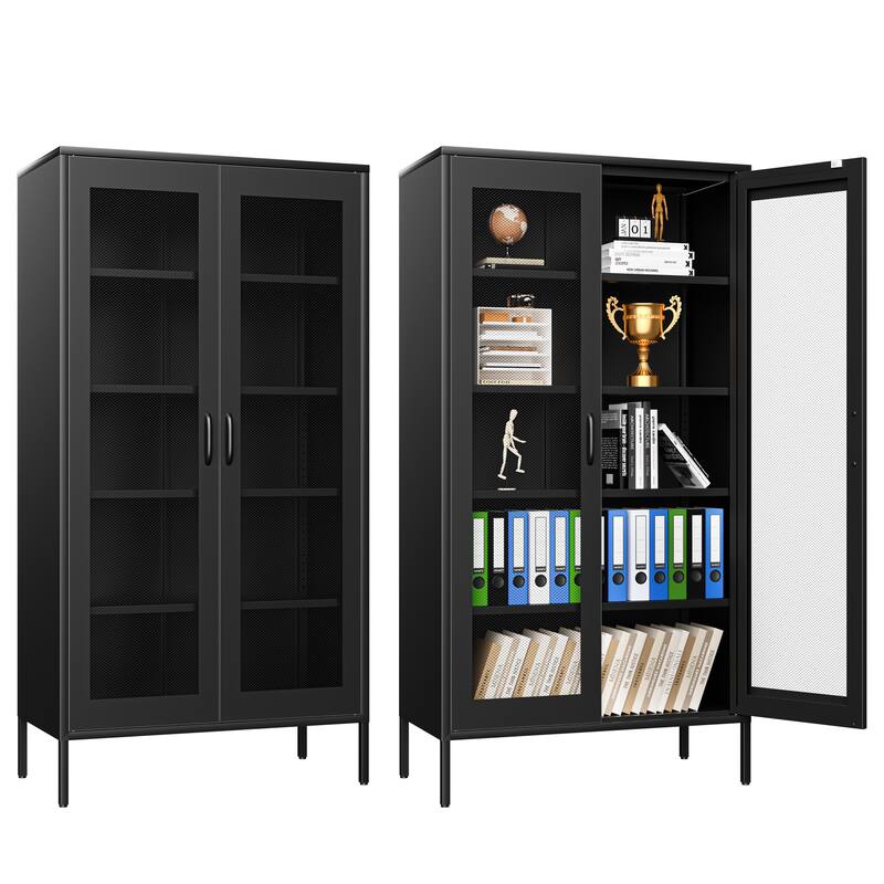 73 Inches High Metal Storage Cabinet With 2 Wire Mesh Doors, Suitable For Homes, Offices And Dining Rooms - Black