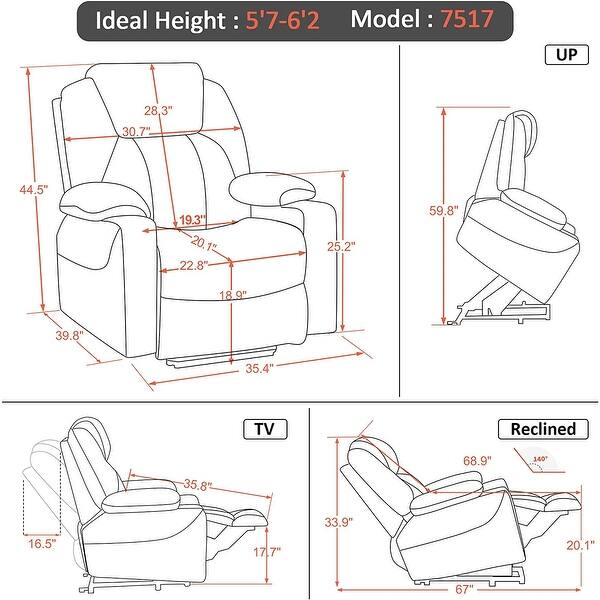 dimension image slide 2 of 4, Mcombo Large Power Lift Recliner Leather Chair with Massage Heat