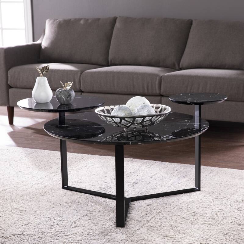 Contemporary Black Round Coffee Table with Faux Marble Top Metal 3-Leg Base Functional Storage for Living Room