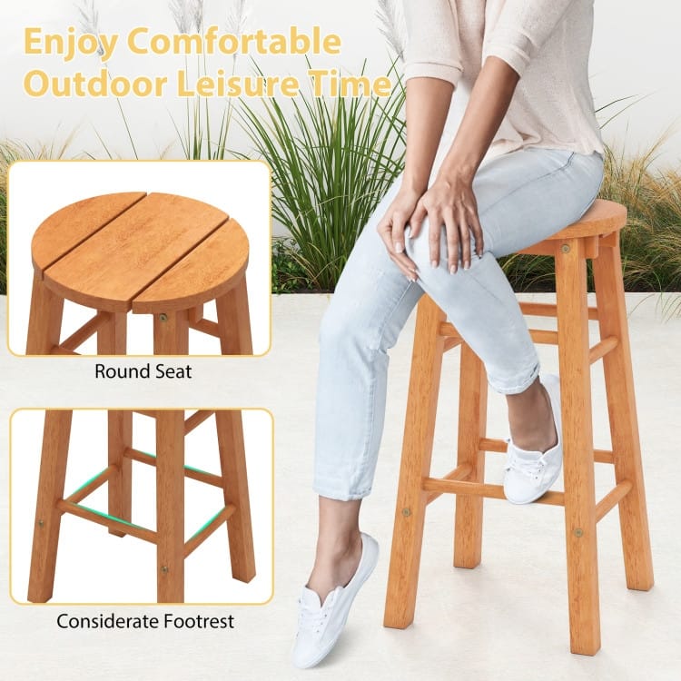 Natural Eucalyptus Wood 24 inches Bar Stools Set of 2 with Footrest for Patio and Counter - 12" x 13" x 24"