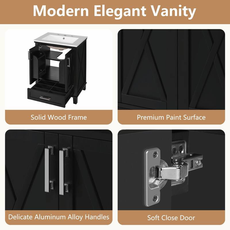 30" Bathroom Vanity - Solid Wood Frame, Single Sink, 2 Soft-Close Doors, Divided Drawer & Dual Storage Shelves