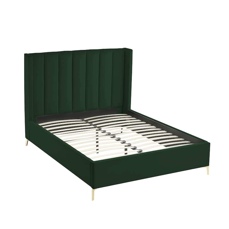 HomeRoots Green Velvet Upholstered Full Bed Frame