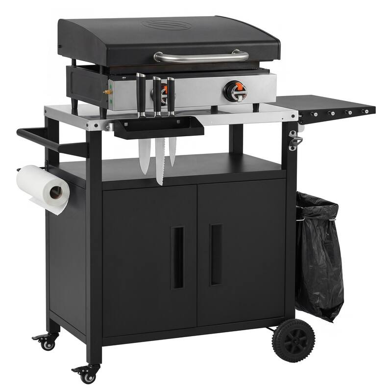 Outdoor Kitchen Island Grill Cart with Pizza Oven Table, Stainless Steel Top & Waterproof Cover