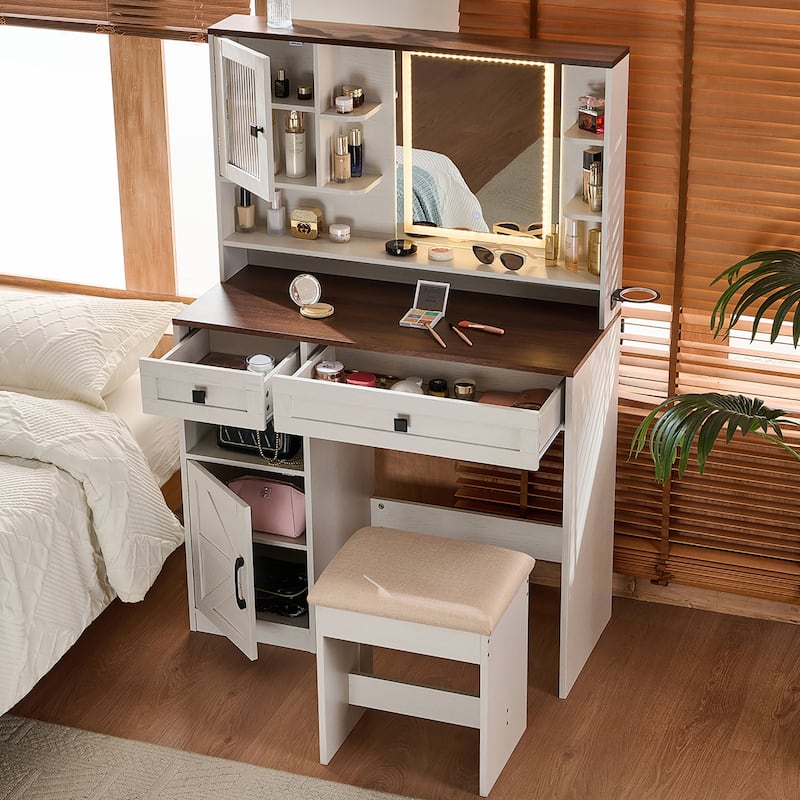 Rustic Makeup Vanity Desk with 3 Color Adjustable Touch Control Mirror, Built-in Power Outlets Dressing Table Set with Stool