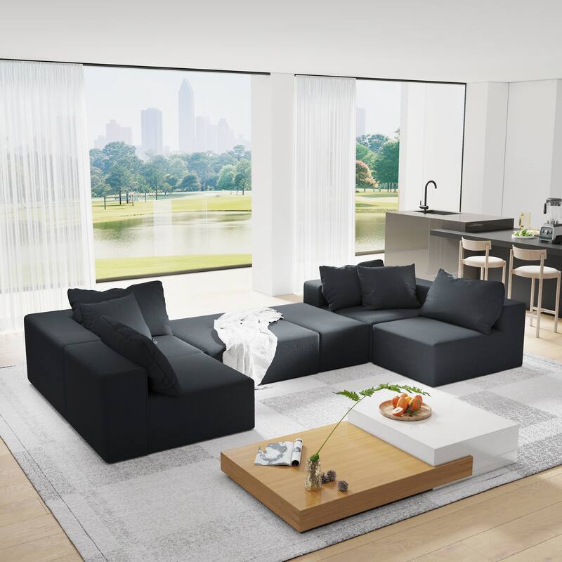 Floor Upholstered Sectional Sofa Modular L Shaped Couch Set with 6 Pillows and Ottomans, Living Room Sleeper Sofa Bed