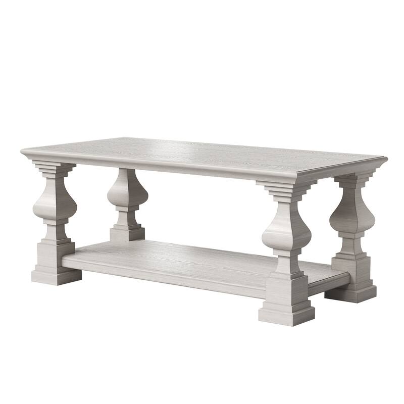 Solid Wood Coffee Table with Storage Shelf, White Washed Rustic Living Room Center Table
