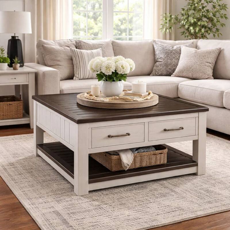 Barb Coffee Table, 2 Drawers and Lift Top, 36 Inch Gray Acacia Wood