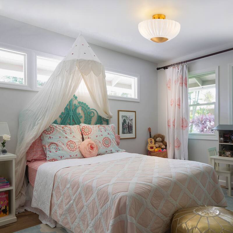 15'' in. W Brass Frosted White Glass Semi Flush Mount Ceiling Light - 15