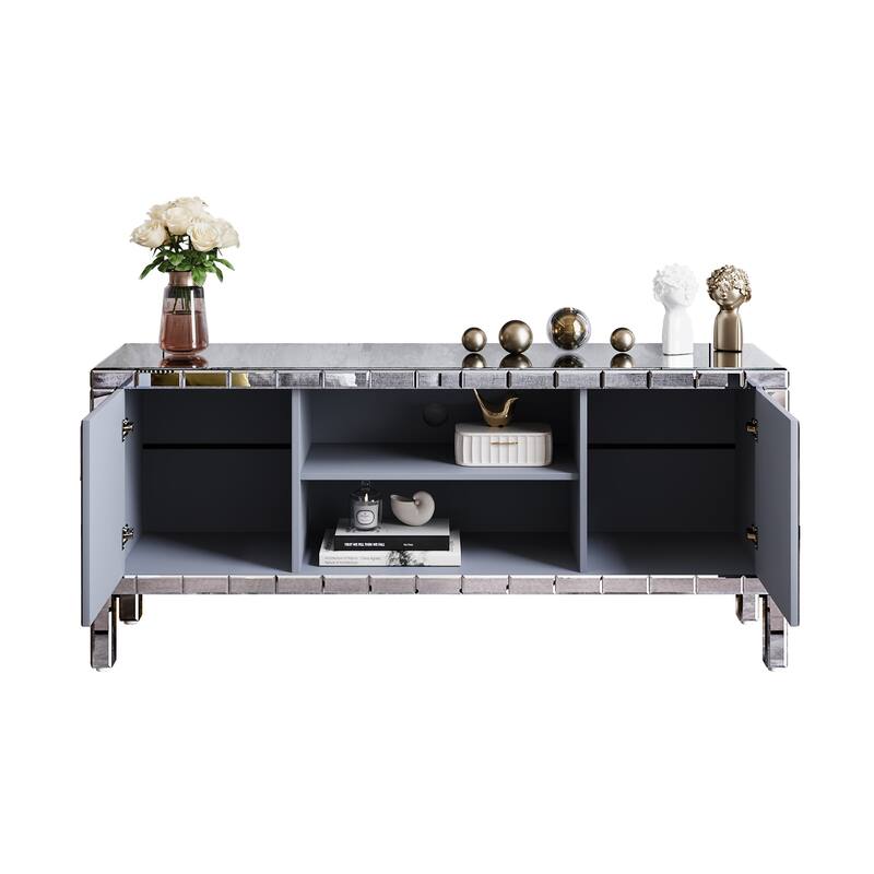 Modern Mirrored Crushed Diamond TV Stand, for 65-Inch TVs with 2 Cabinets and 2 Open Storage Spaces, for Living Rooms