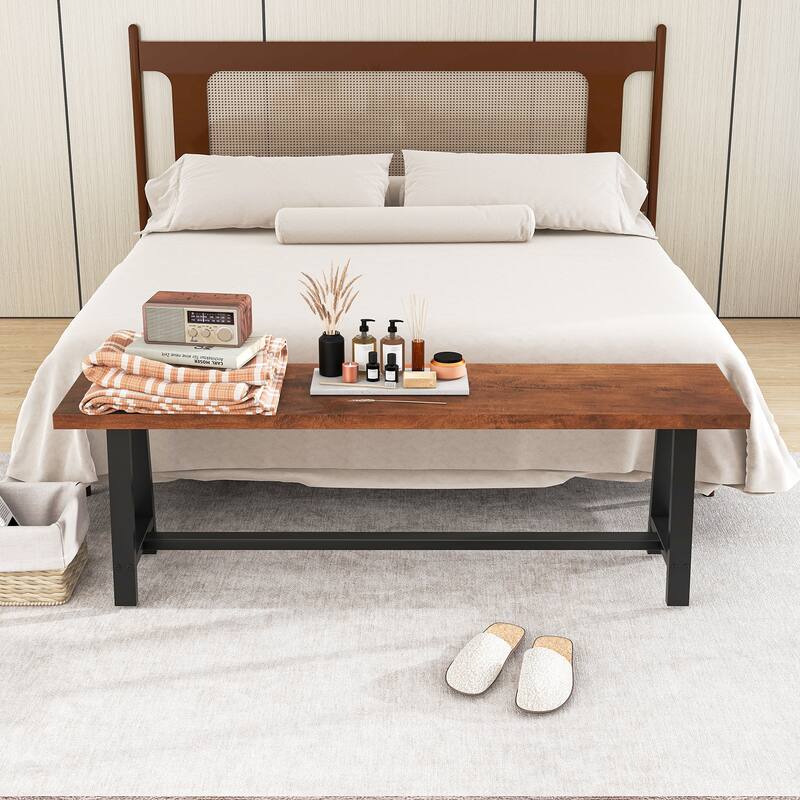 Walnut and Black Entryway Bench with Thick MDF Seat and Metal Frame for Living Room or Foyer