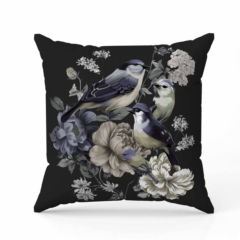 Petal Perched Birds Indoor/Outdoor Reversible Throw Pillow Black and Grey