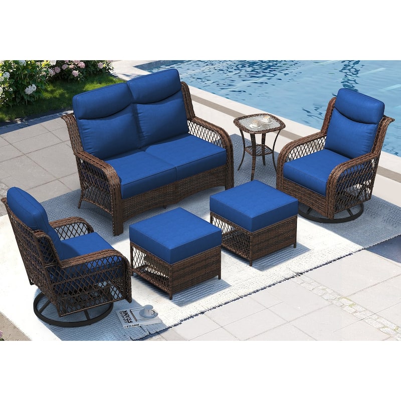 High Back Outdoor Swivel Rocker Patio Chairs Set of 2 with 5-Inch Thick Cushions and Side Table for Porch, Poolside - 6PCS - Swivel Gliders & Loveseat
