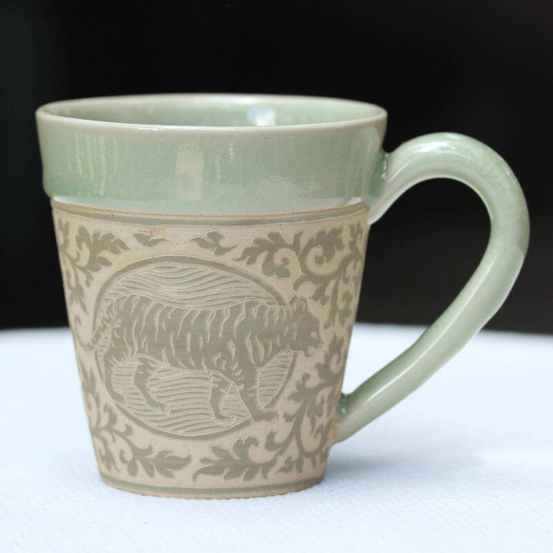 Handmade Thai Zodiac Tiger Celadon ceramic mug (Thailand)