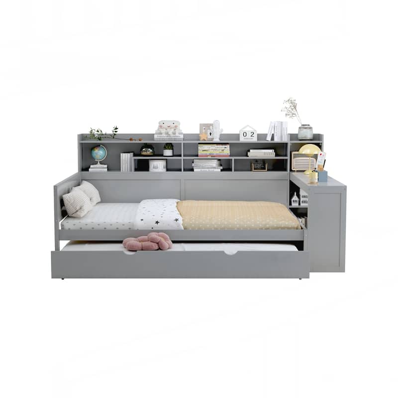 Wooden Full Size Daybed with Storage Shelves, Multi-functional Bed with Twin Size Trundle Bed