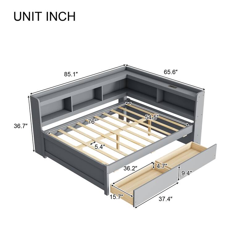 Wooden Platform Sofa Bed Frame with L Shaped Bookcase and Charging Station, Living Room Corner Daybed with 2 Storage Drawers