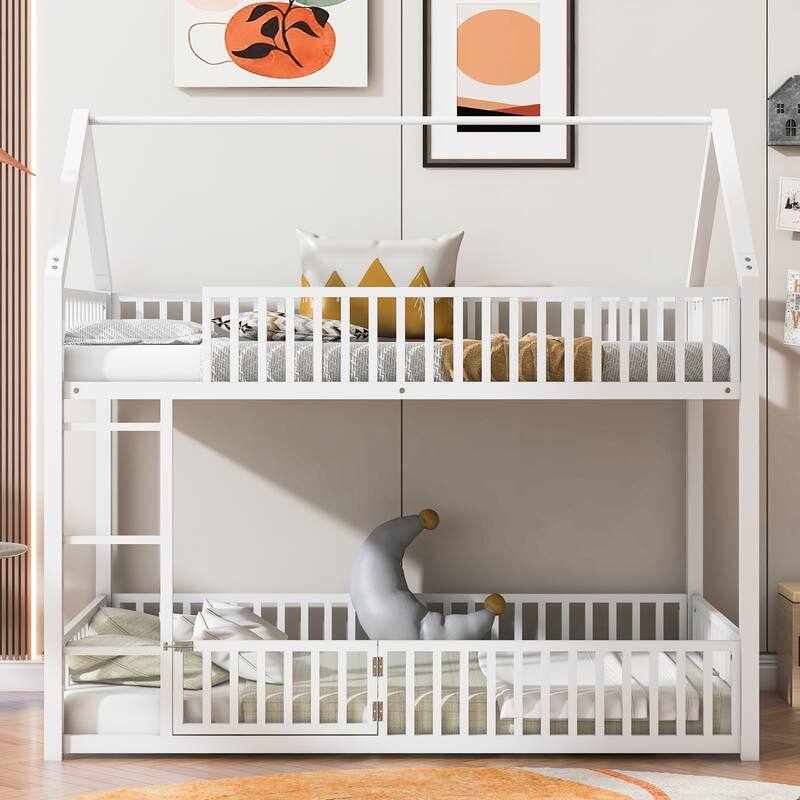 Roomfitters Metal Twin Over Twin House Bunk Bed Frame with Fence, Door and Ladder, Space-Saving Design
