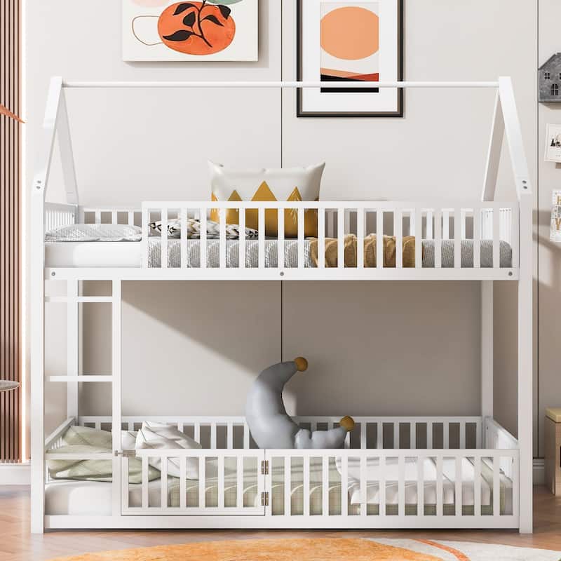 Twin over Twin Metal Bunk Bed with Play Door & Fence Design (250lb Capacity)