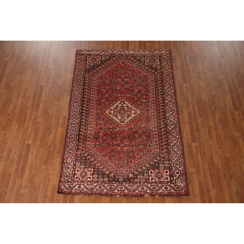 Tribal Orange Qashqai Persian Vintage Rug Hand-Knotted Wool Carpet - 5'4"x 8'0"