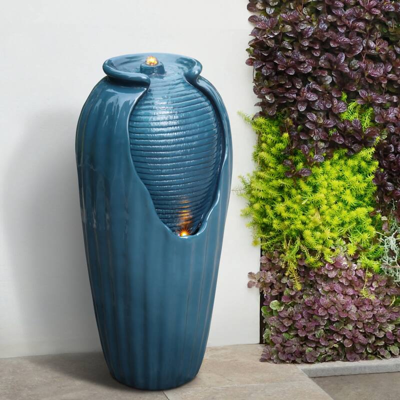 Teamson Home 32" Glazed Vase Outdoor Floor Fountain with LED Lights