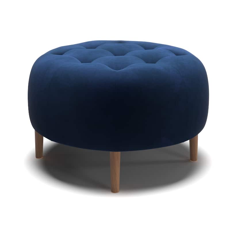 Bloomfield Round Performance Velvet Ottoman - Ink Blue Velvet / Walnut Legs