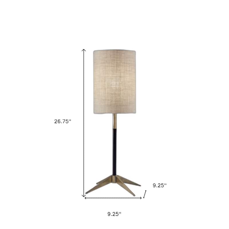 Antiqued Brass Metal Mid Century Cylinder Table Lamp with Brown Fabric Shade - 9.25” x 9.25” x 26.75” (D x W x H)