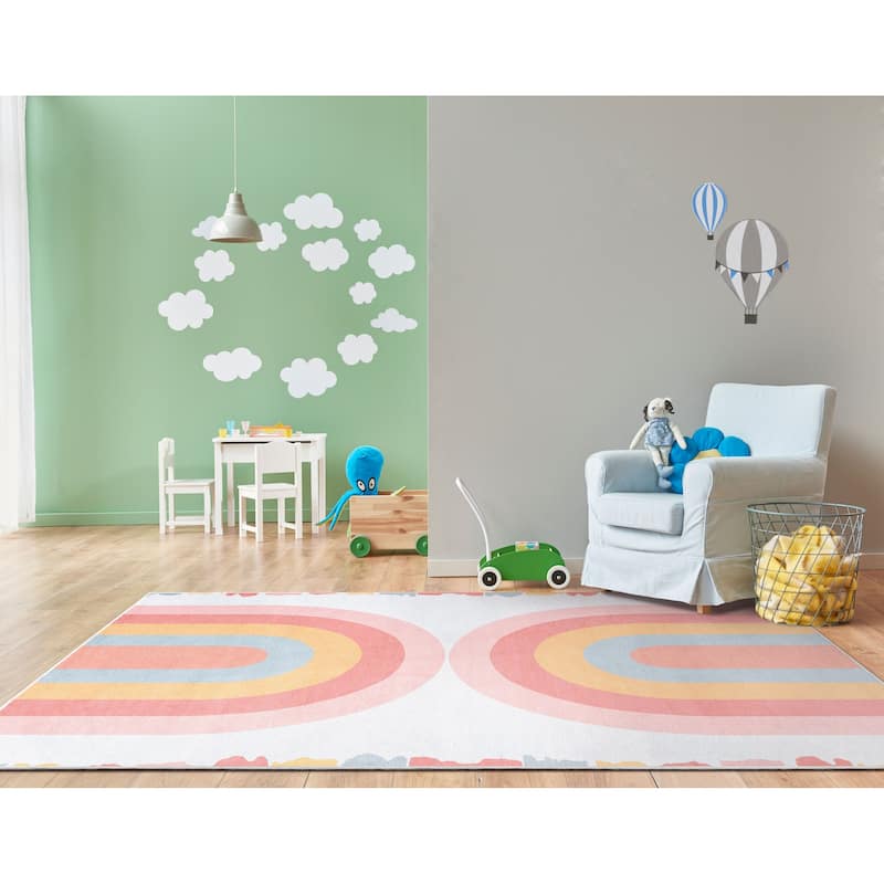 Well Woven Kids Rugs Crescent Rainbow Modern Machine Washable Area Rug