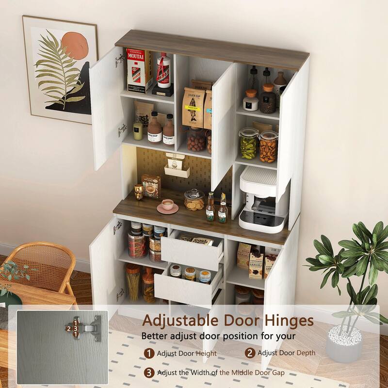 74" Kitchen Pantry Cabinet with Charging Station, Drawer and LED Lights
