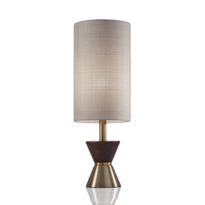 Dark Brown Walnut Wood Brass Base Mid Century Table Lamp with Beige Drum Shade - 8” x 8” x 23” (D x W x H) - Brass-Beige