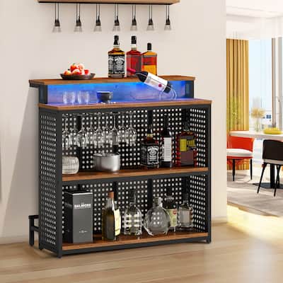Moasis Home Bar Unit with Music Sensing LED Light Wine Cabinet Counter Tall Bar Table