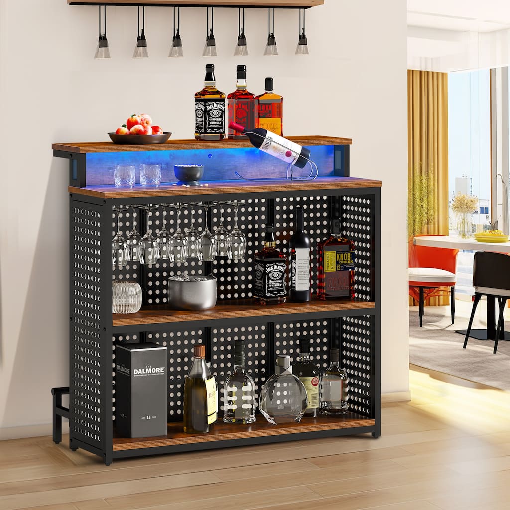 Moasis Home Bar Unit with Music Sensing LED Light Wine Cabinet Counter Tall Bar Table