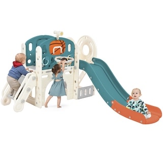 7-in-1 Kids Slide Playset Climbing Crawling Playhouse With Slide Basketball Hoop Ring Toss Tunnel For Boys Girls Birthday - Red