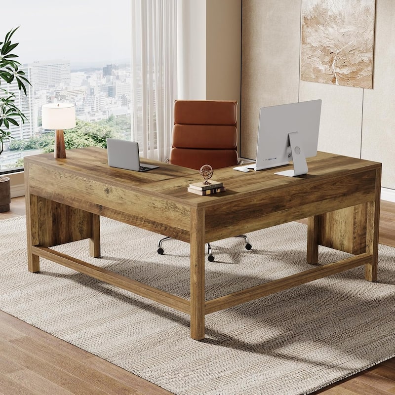 59-Inch L-Shaped Desk with Reinforced Panels for Home Office, Brown - Brown