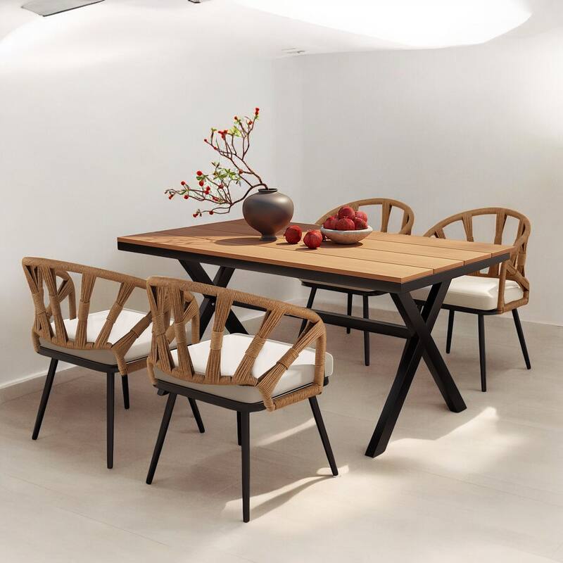 5-Piece Outdoor Dining Set with Plastic Wood Table & HDPE Chairs – Outdoor Set Iron Frame, Weather-Resistant, Seats 4
