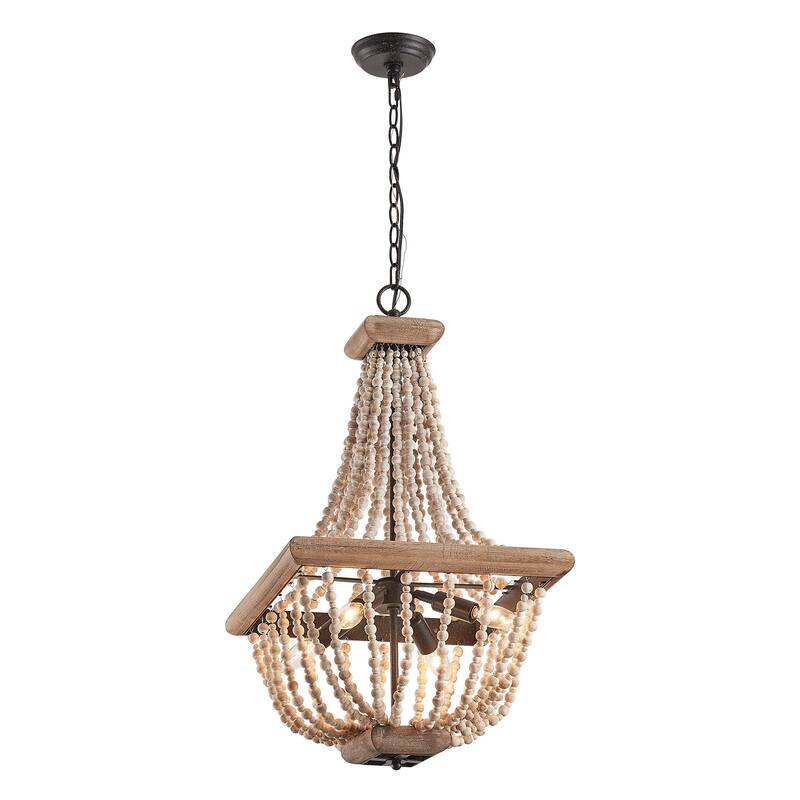 Farmhouse Aged Wooden Beaded 4-Light Chandelier