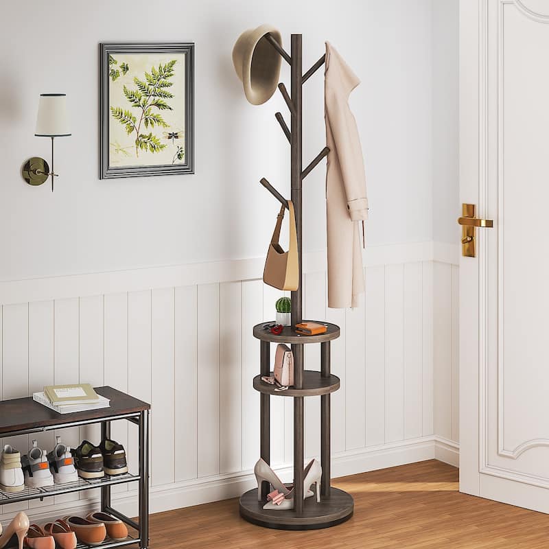 VECELO Modern Freestanding Coat Rack with 6 Branch Hooks Double Shelves, and Shoe Storage for Entryway Living Room Bedroom - Brown/50